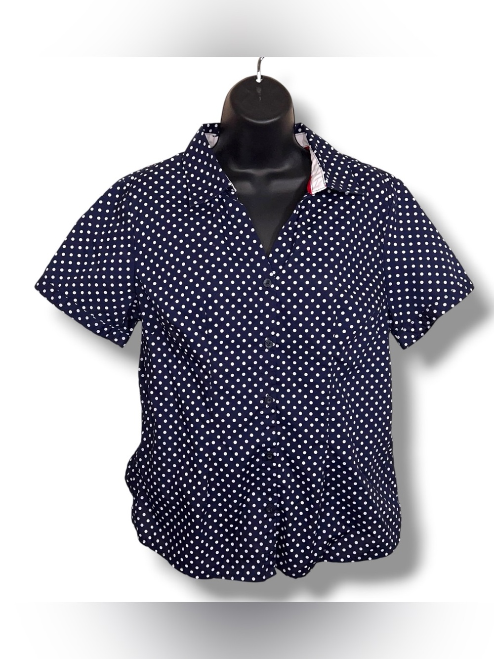 Medium Laura Scott Navy Blue White Polka For Short Sleeve Button Up Top Pinup